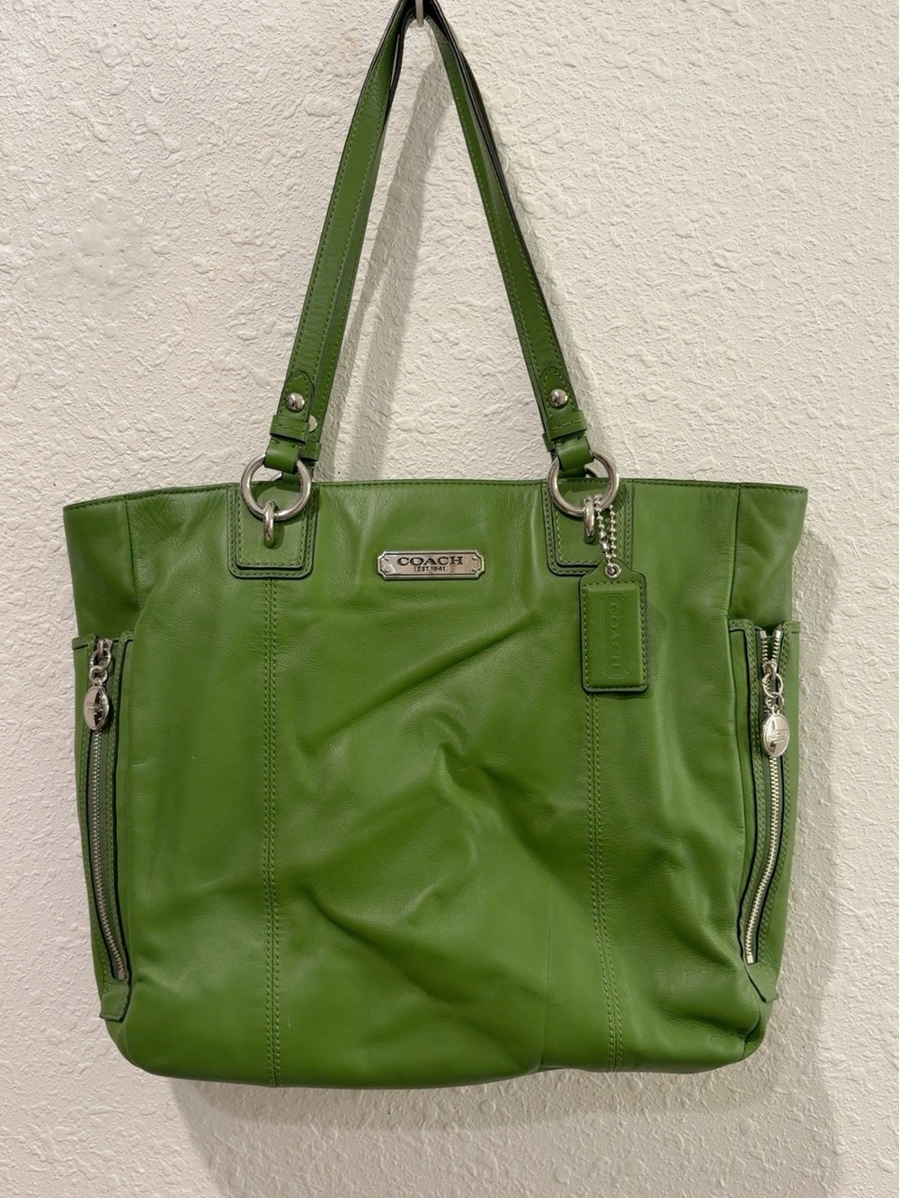 COACH Green Leather Shoulder Tote with Silver Hardware